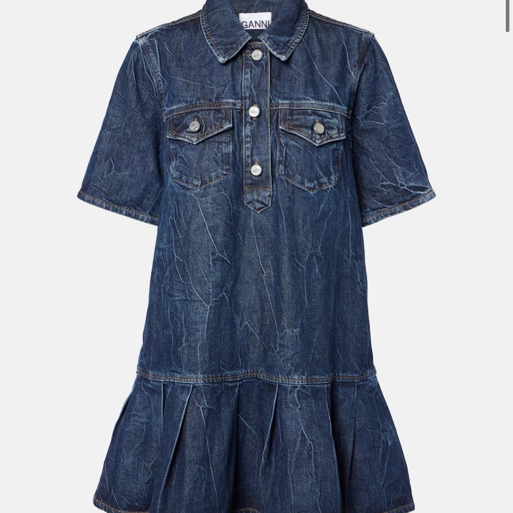 Ganni Indigo Washed Denim Polo Mini Dress